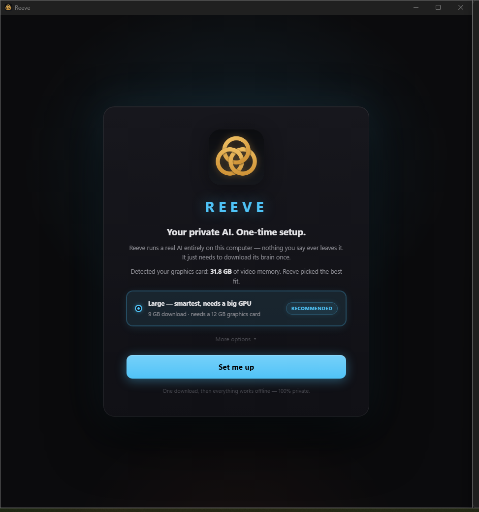 The Reeve setup wizard detecting a graphics card and recommending an AI model